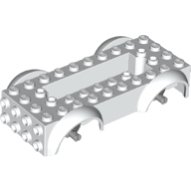 white vehicle base 5 x 10 x 2 1 2 with mudguards and 6 x 2 recessed center with 3 holes with light bluish gray wheels holders attached