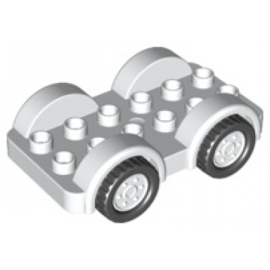 white duplo car base 2 x 6 with black tires and white wheels on fixed axles
