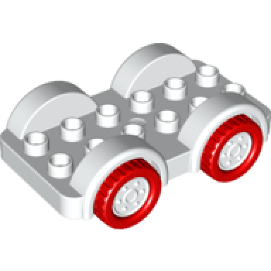 white duplo car base 2 x 6 with red tires and white wheels on fixed axles