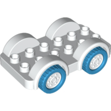 white duplo car base 2 x 6 with dark azure tires and white wheels on fixed axles