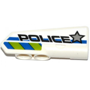 white technic panel fairing 21 very small smooth side b with silver star police and blue and lime danger stripes pattern sticker - set 42047