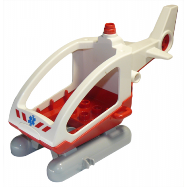 white duplo helicopter body medium with cabin skids not removable with red base and emt star of life pattern large propeller pin