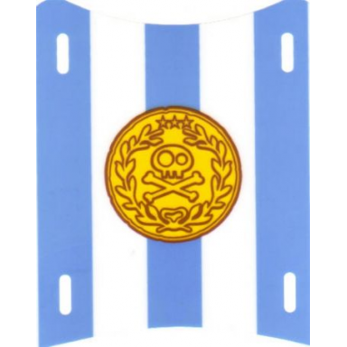 white duplo boat sail 11 x 12 with 3 blue stripes and medallion with gold skull and crossbones pattern