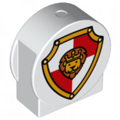 white duplo brick 1 x 2 x 2 round top cut away sides with lion on shield pattern