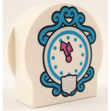 white duplo brick 1 x 2 x 2 round top cut away sides with dark azure and silver clock face dark pink clock hands and c in shield pattern