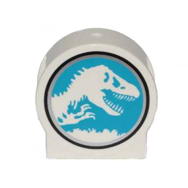 white duplo brick 1 x 2 x 2 round top cut away sides with jurassic world logo pattern