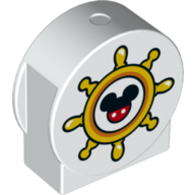 white duplo brick 1 x 2 x 2 round top cut away sides with boat helm ships wheel with mickey mouse head pattern