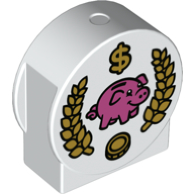 white duplo brick 1 x 2 x 2 round top cut away sides with dark pink piggy bank and gold laurel branches coin and dollar sign $ pattern