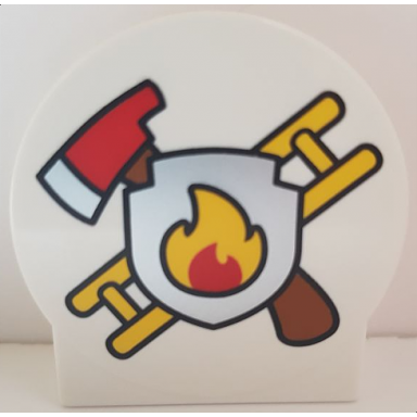white duplo brick 1 x 2 x 2 round top cut away sides with crossed fire axe and yellow ladder behind silver shield with flames pattern