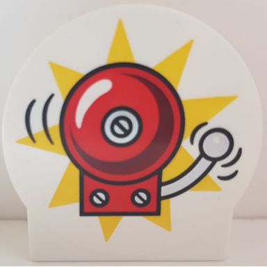 white duplo brick 1 x 2 x 2 round top cut away sides with ringing red fire alarm bell on yellow starburst pattern