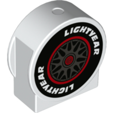 white duplo brick 1 x 2 x 2 round top cut away sides with wheel black tire and lightyear pattern