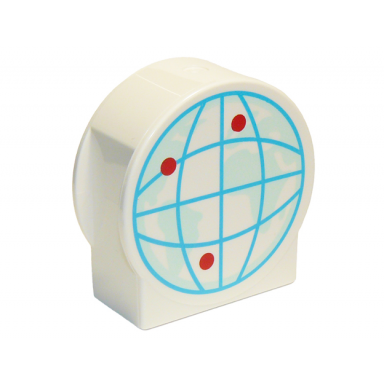 white duplo brick 1 x 2 x 2 round top cut away sides with medium azure wire frame globe with light aqua continents and red dots pattern