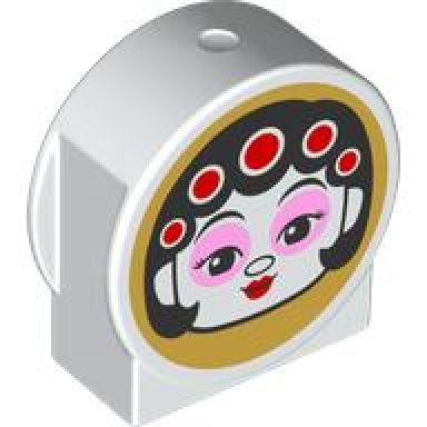 white duplo brick 1 x 2 x 2 round top cut away sides with female head with black hair bright pink eye shadow and red lips male head with mask on gold background on opposite sides pattern