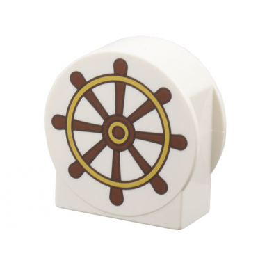 white duplo brick 1 x 2 x 2 round top cut away sides with reddish brown and gold boat helm ships wheel pattern