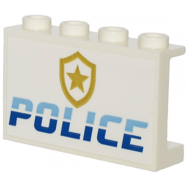 white panel 1 x 4 x 2 with side supports - hollow studs with bright light blue and blue police and gold star badge logo pattern sticker - sets 60245 60246