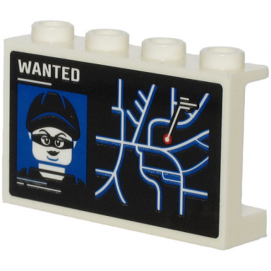 white panel 1 x 4 x 2 with side supports - hollow studs with white wanted minifigure on wanted poster and city map pattern sticker - set 60245