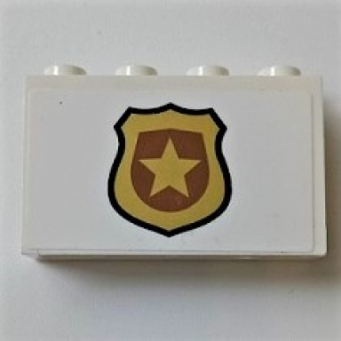 white panel 1 x 4 x 2 with side supports - hollow studs with gold police badge with black outline pattern sticker - set 60209