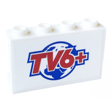 white panel 1 x 4 x 2 with side supports - hollow studs with red tv6 and globe pattern sticker - set 60233