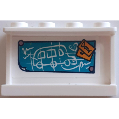 white panel 1 x 4 x 2 with side supports - hollow studs with white bus drawing on dark turquoise poster and david on sticky notes pattern sticker - set 41395