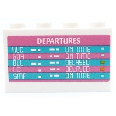 white panel 1 x 4 x 2 with side supports - hollow studs with dark pink and medium azure departures schedule pattern sticker - set 41429