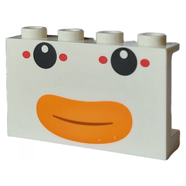 white panel 1 x 4 x 2 with side supports - hollow studs with clown car face with black eyes 4 red ovals and closed mouth with orange lips pattern