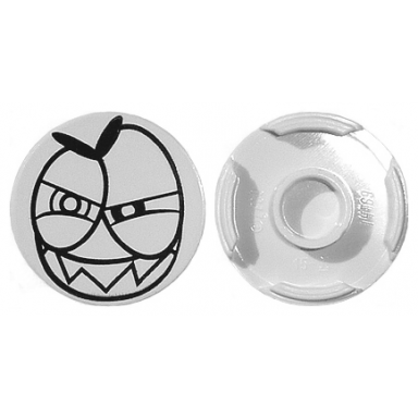 tile round 2 x 2 with bottom stud holder with black large squinting eyes and wide grin with sharp teeth nixel face pattern