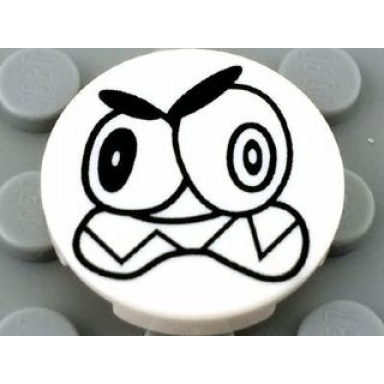 tile round 2 x 2 with bottom stud holder with black large eyes and scowl with sharp teeth nixel face pattern