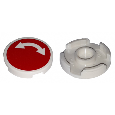 white tile round 2 x 2 with bottom stud holder with white curved arrow double on red background pattern sticker - sets 60052 60198 60200 60233