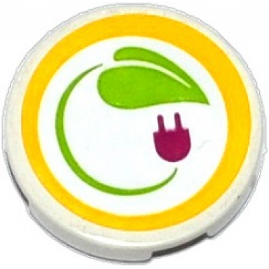 white tile round 2 x 2 with bottom stud holder with leaf and power plug in yellow circle pattern sticker - set 41091