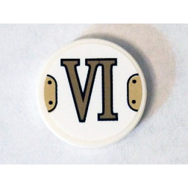 white tile round 2 x 2 with bottom stud holder with gold roman numeral 6 vi pattern sticker - set 75904