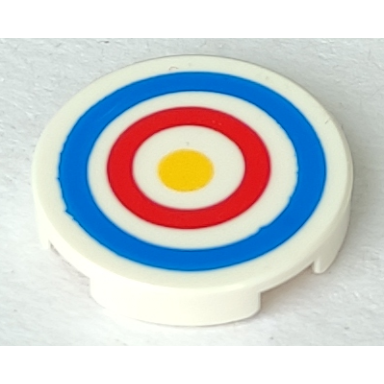 white tile round 2 x 2 with bottom stud holder with blue and red circles and yellow dot archery target pattern
