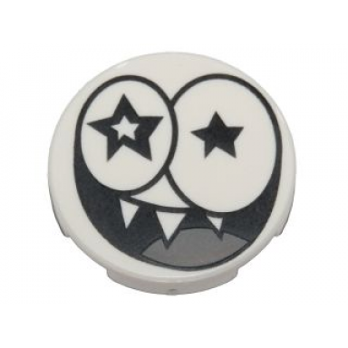 white tile round 2 x 2 with bottom stud holder with black star eyes and smile with sharp teeth nixel face pattern