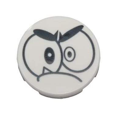 white tile round 2 x 2 with bottom stud holder with black large eyes eyebrows and closed mouth with one sharp tooth nixel face pattern