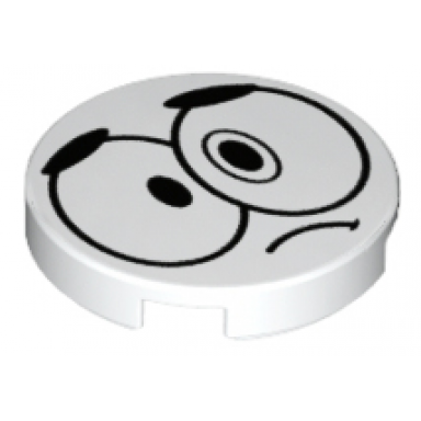 white tile round 2 x 2 with bottom stud holder with black large sad eyes eyebrows and frown nixel face pattern