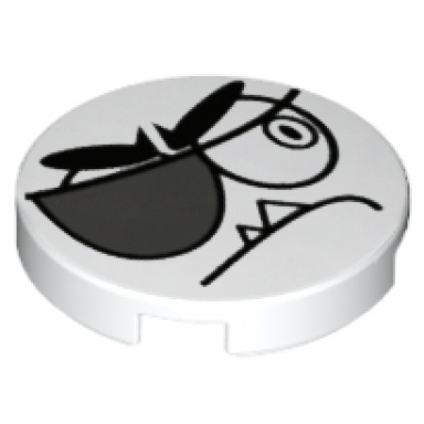 white tile round 2 x 2 with bottom stud holder with black stern eye eyebrows eye patch and closed mouth with 2 sharp teeth nixel face pattern