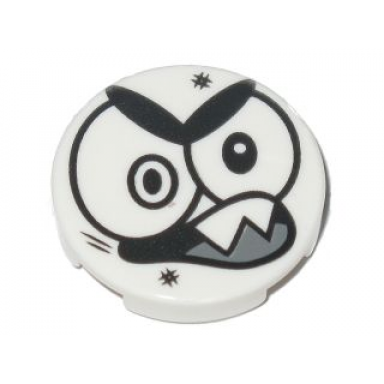 white tile round 2 x 2 with bottom stud holder with black large eyes eyebrows open mouth with 2 sharp teeth nixel face pattern