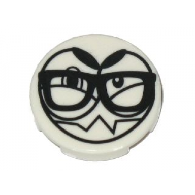 white tile round 2 x 2 with bottom stud holder with black large eyes eyebrows sharp teeth and glasses nixel face pattern