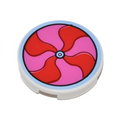 white tile round 2 x 2 with bottom stud holder with red and dark pink pinwheel pattern
