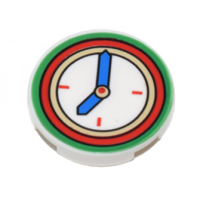 white tile round 2 x 2 with bottom stud holder with green and red clock with white face and blue hands pattern