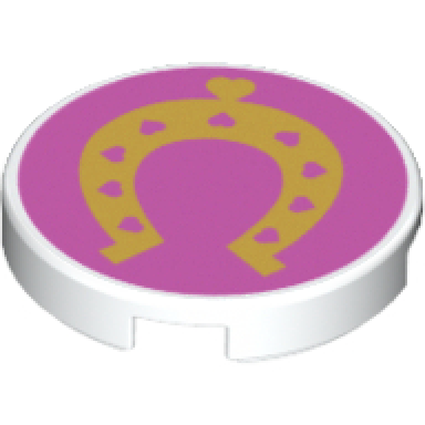 white tile round 2 x 2 with bottom stud holder with gold horseshoe with hearts on dark pink background pattern