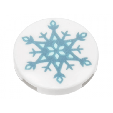 white tile round 2 x 2 with bottom stud holder with metallic light blue snowflake pattern