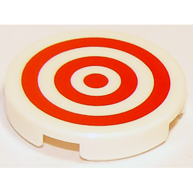 white tile round 2 x 2 with bottom stud holder with red concentric circles target pattern