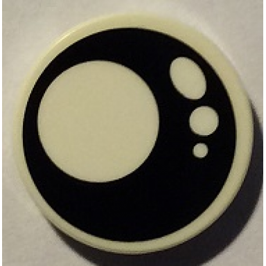 white tile round 2 x 2 with bottom stud holder with black eye with white pupil and 3 white circles pattern model left side sticker - set 40234