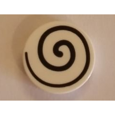 white tile round 2 x 2 with bottom stud holder with spiral black pattern