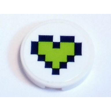 white tile round 2 x 2 with bottom stud holder with lime pixelated heart with dark blue border pattern sticker - set 41346