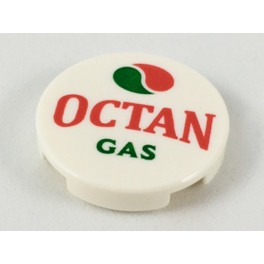 white tile round 2 x 2 with bottom stud holder with octan logo and octan gas pattern