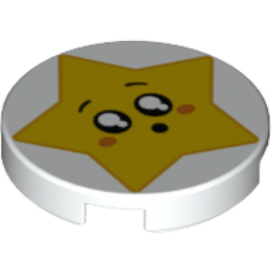 white tile round 2 x 2 with bottom stud holder with star face round mouth black eyes with white pupils raised eyebrows orange cheeks pattern