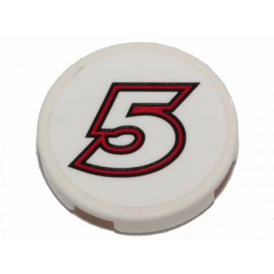 white tile round 2 x 2 with bottom stud holder with black and red contoured 5 pattern sticker - set 31094