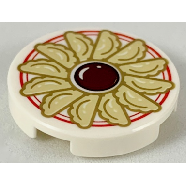white tile round 2 x 2 with bottom stud holder with jiaozi and sauce on plate with red border pattern