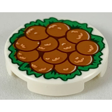 white tile round 2 x 2 with bottom stud holder with 12 chinese lions head meatballs on green garnish pattern